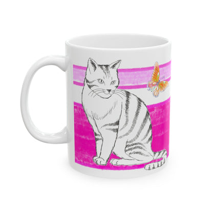 Mega Stripe Kitty Butterfly Flutter Ceramic Mug Raspberry Pink