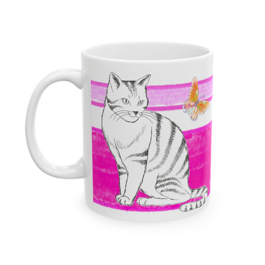 Mega Stripe Kitty Butterfly Flutter Ceramic Mug Raspberry Pink