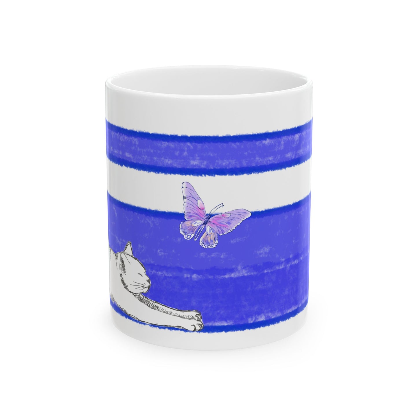 Mega Stripe Kitty Butterfly Flutter Ceramic Mug Ultramarine