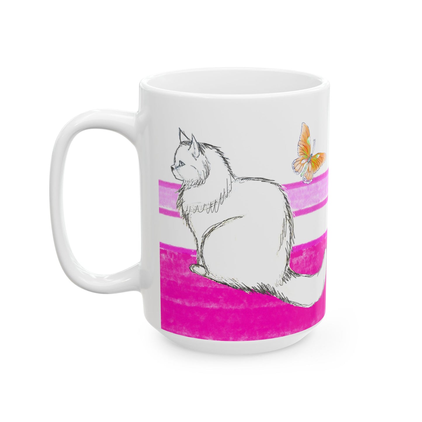 Mega Stripe Kitty Butterfly Flutter Ceramic Mug Raspberry Pink