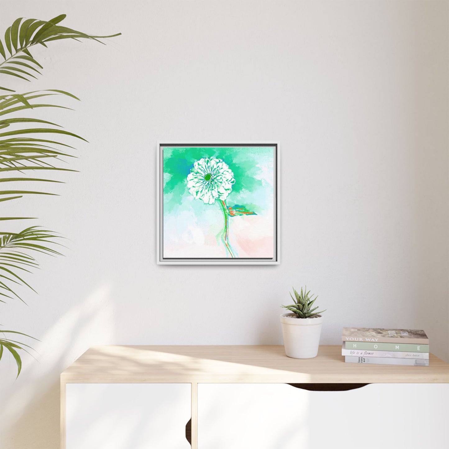 Zinnia Color Splash Matte Canvas Green Framed