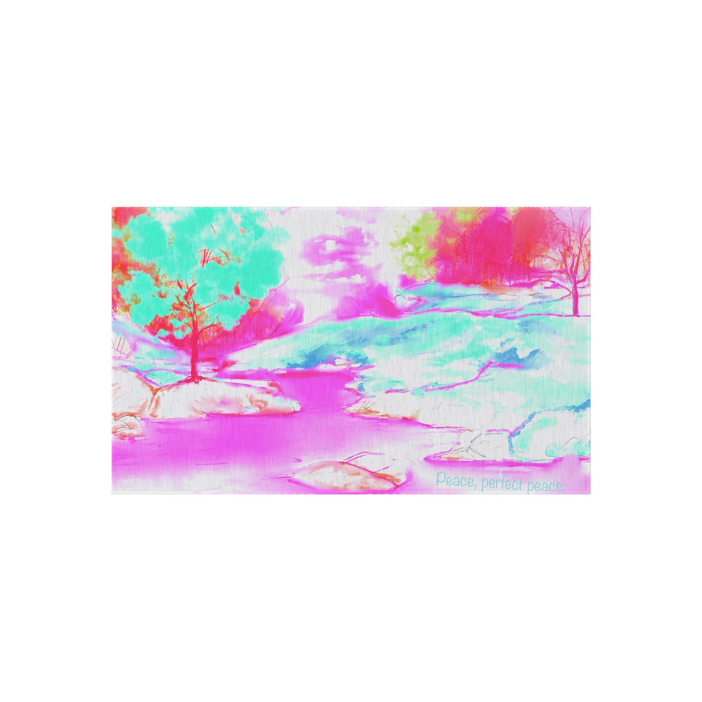 Inspirational Landscapes Indoor/Outdoor Area Rug "Peace perfect peace", Aqua and Raspberry