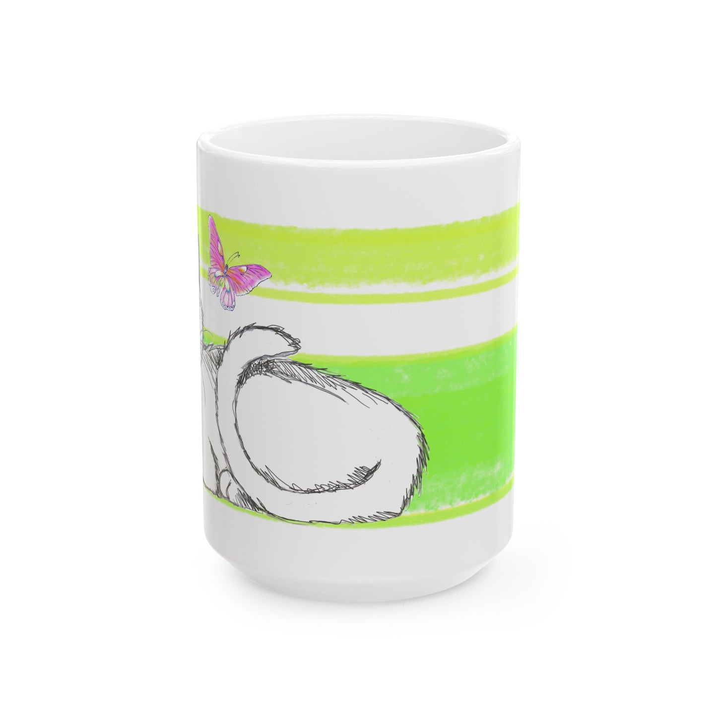 Mega Stripe Kitty Butterfly Flutter Ceramic Mug Yellow Green