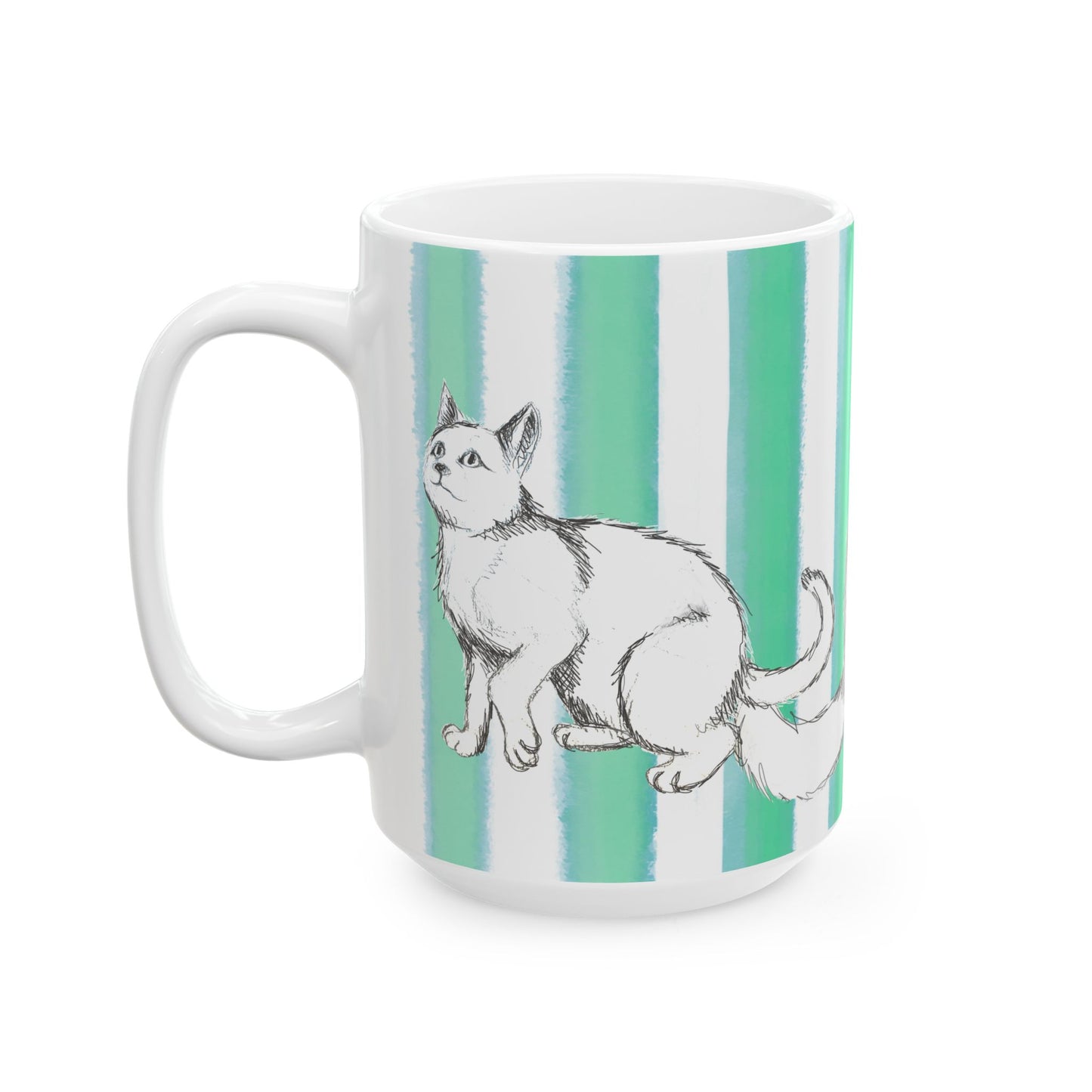Kitty Fun Mug  with Aqua Green Stripes