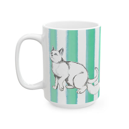 Kitty Fun Mug  with Aqua Green Stripes