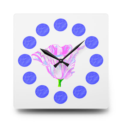 Tulip Love Acrylic Wall Clock, Blue dots Pink Tulip