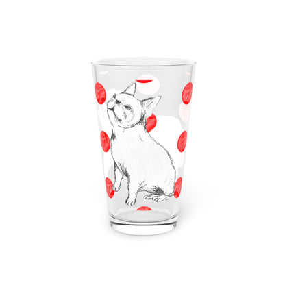 Dogi Fun and Polka Dots Pint Glass in Red, French Bulldog, 16oz