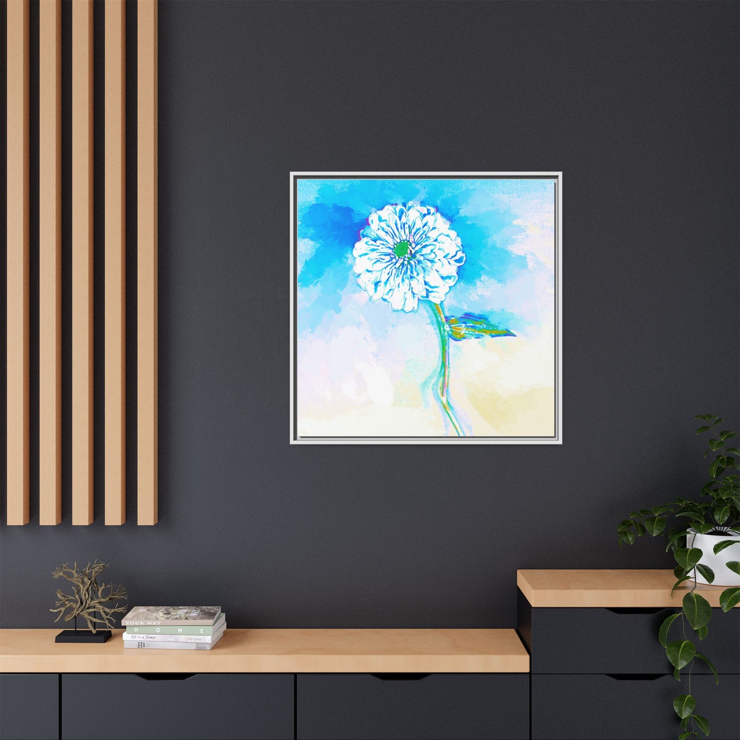 Zinnia Color Splash Matte Canvas Blue Aqua Framed