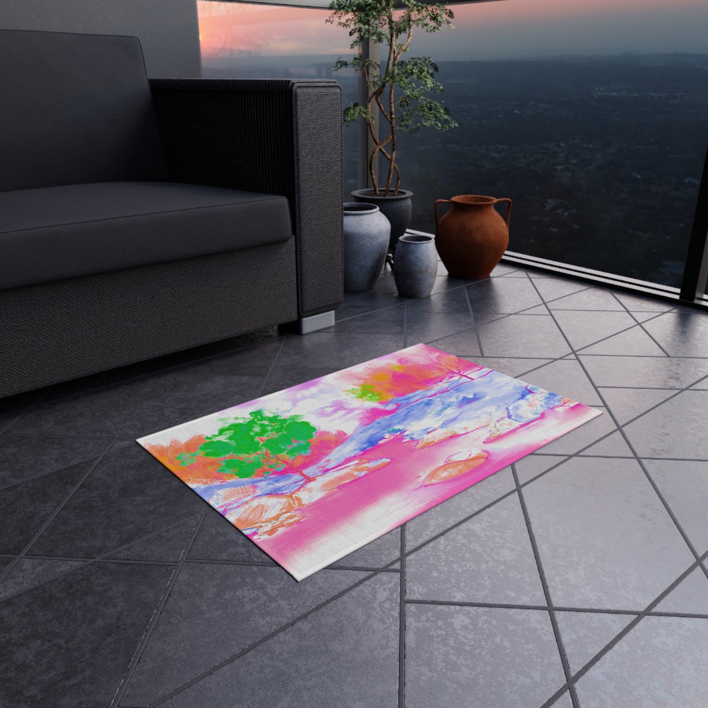 Joyful Landscapes Indoor/Outdoor Rug, Raspberry, Blue and Green, Non-Slip