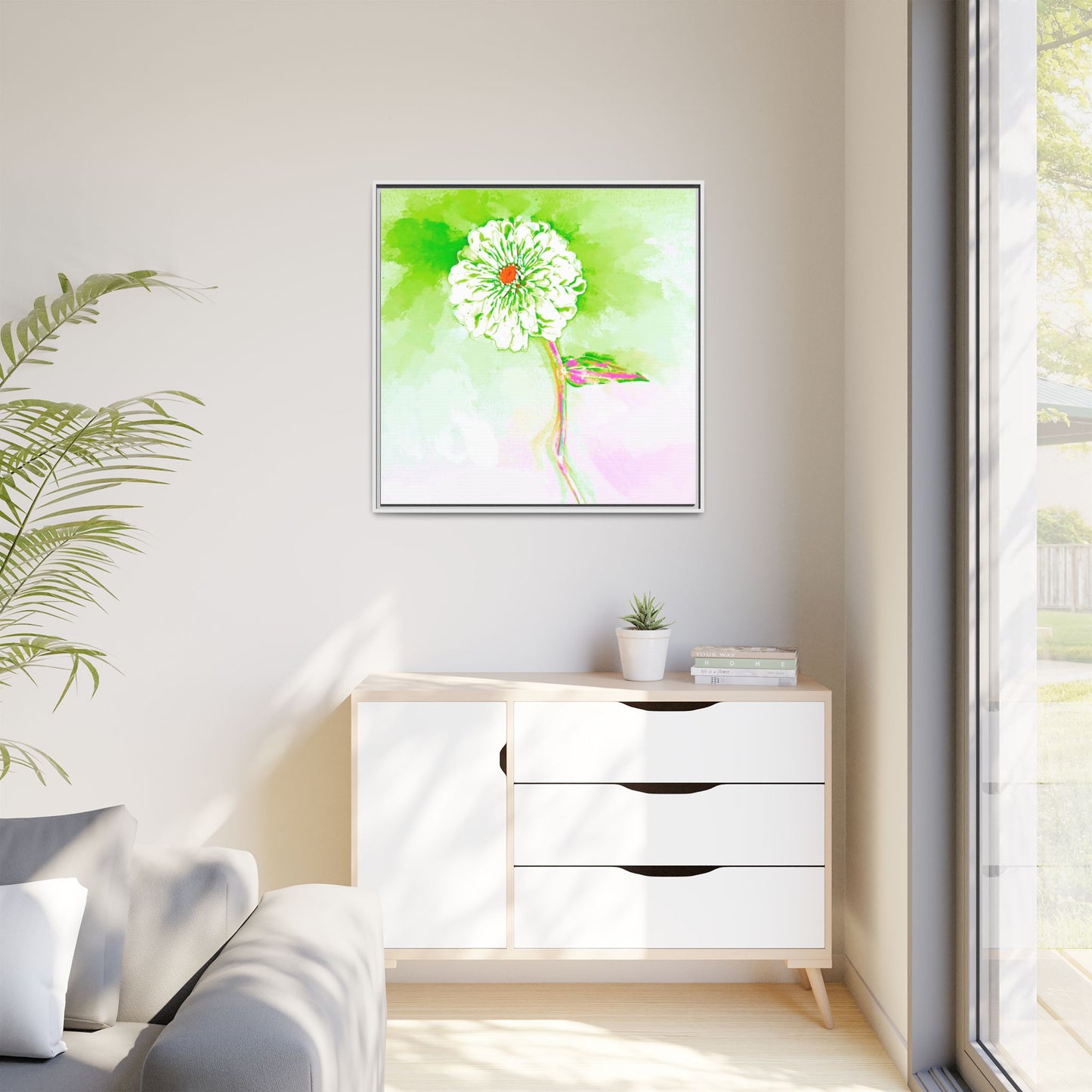 Zinnia Color Splash Matte Canvas Yellow Green Framed