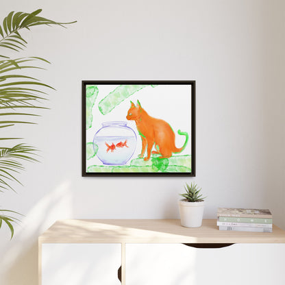 Colorful Cat and Fish Bowl Matte Canvas Framed white