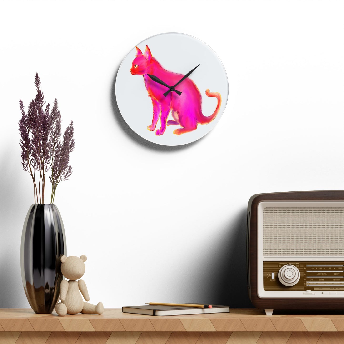 Colorful Cats & Dogs Wall Clock in Bright Pink