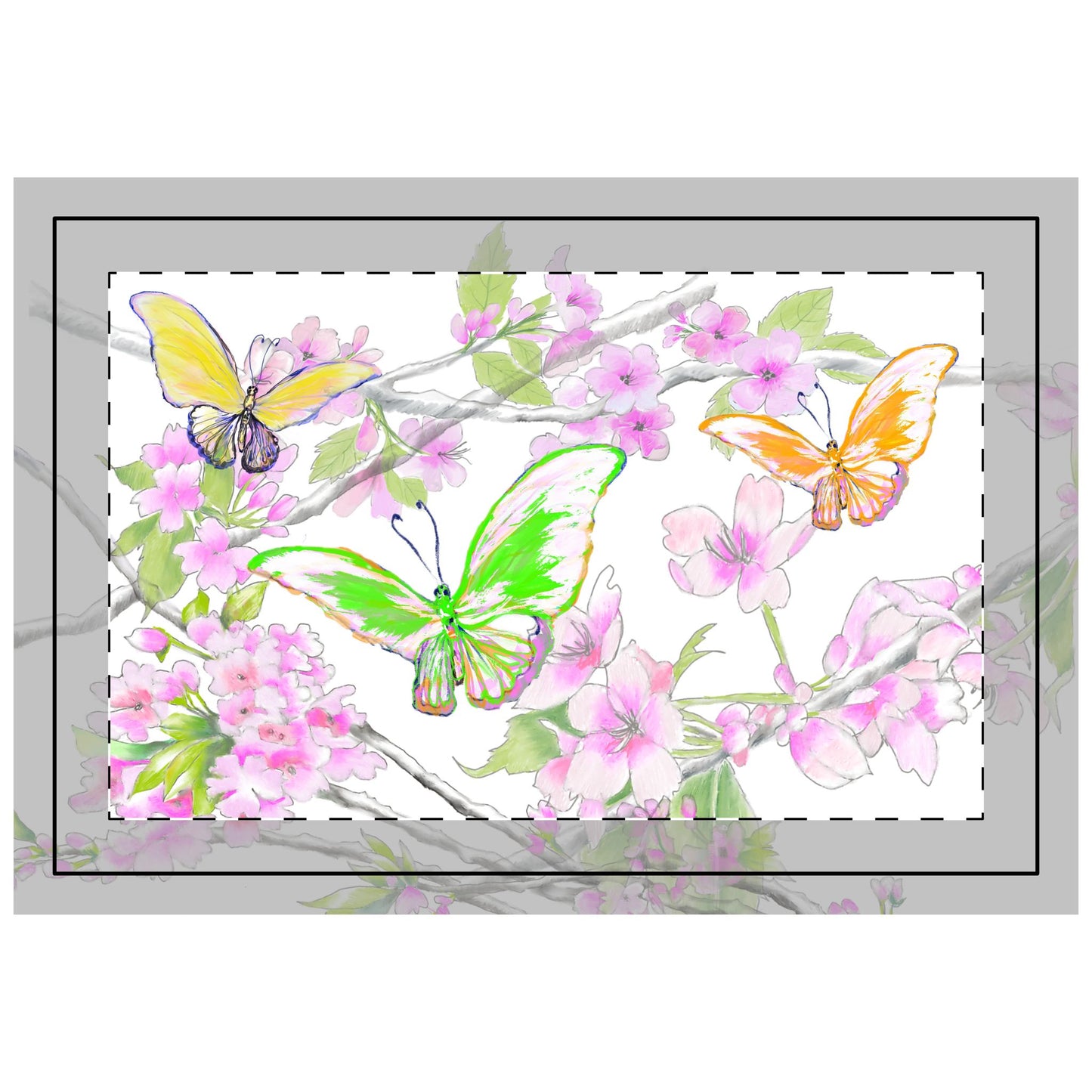 Butterfly Blossom Whirl Quilted Placemat Polyester, Green, Fabric Background Bright White, #5