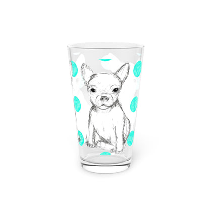 Dogi Fun and Polka Dots Pint Glass in Aqua, Chihuahua, 16oz