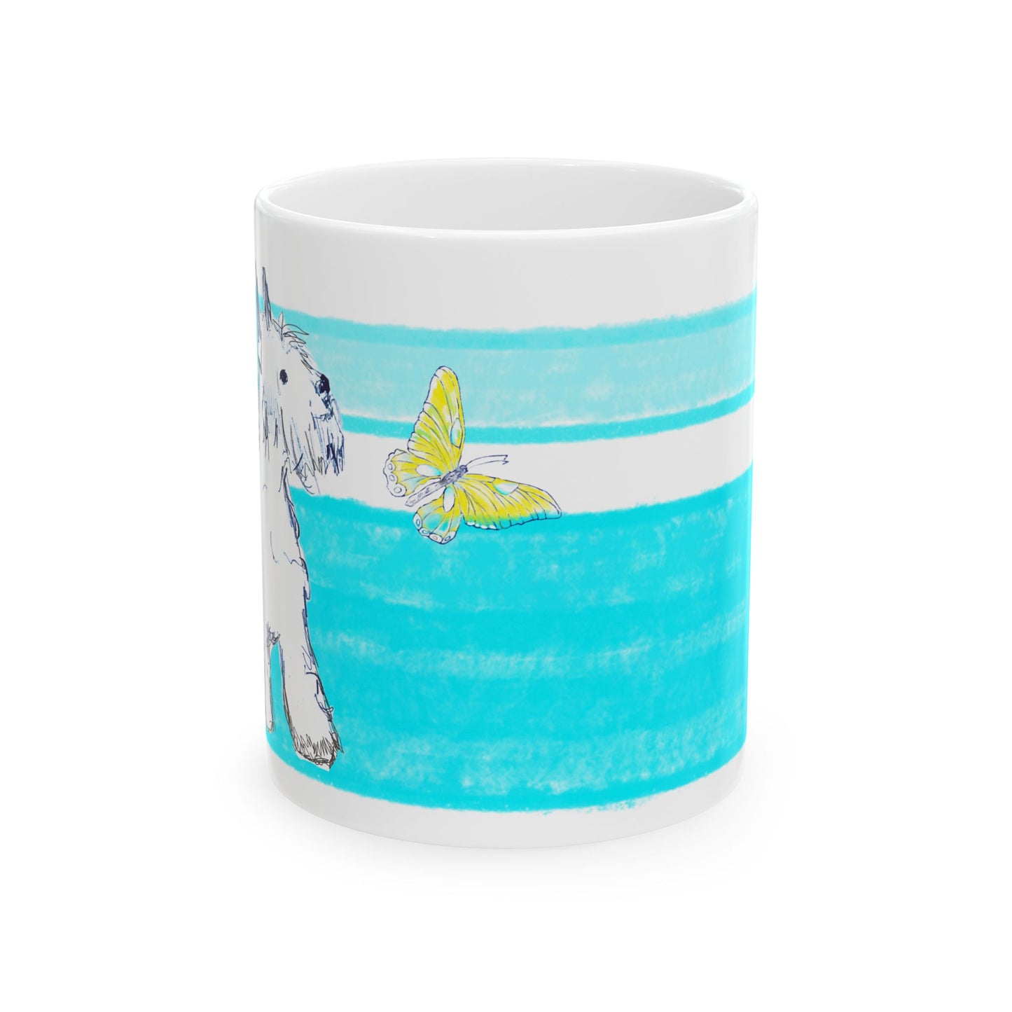 Mega Stripe Dogi Butterfly Flutter Ceramic Mug, (11oz, 15oz), Aqua Schnauzer
