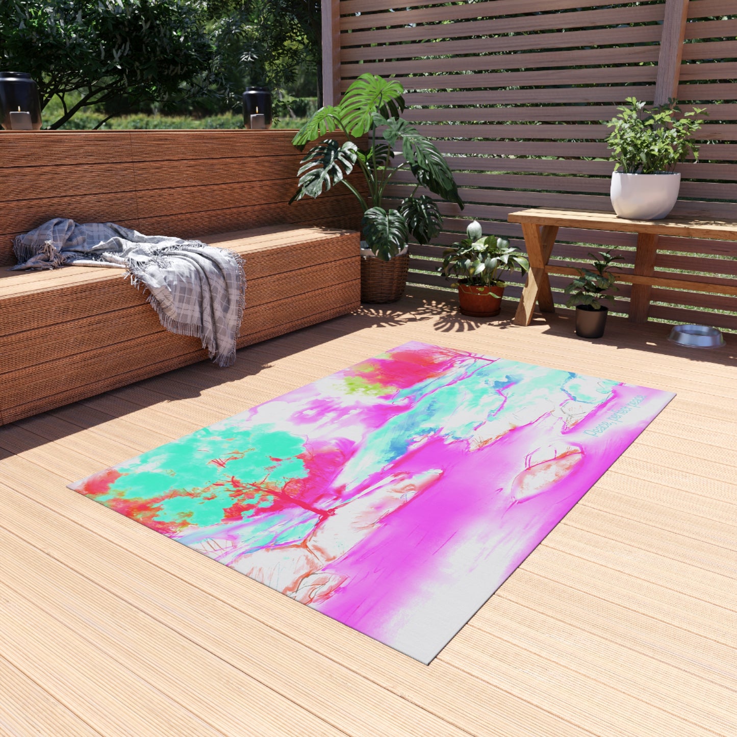 Inspirational Landscapes Indoor/Outdoor Area Rug "Peace perfect peace", Aqua and Raspberry