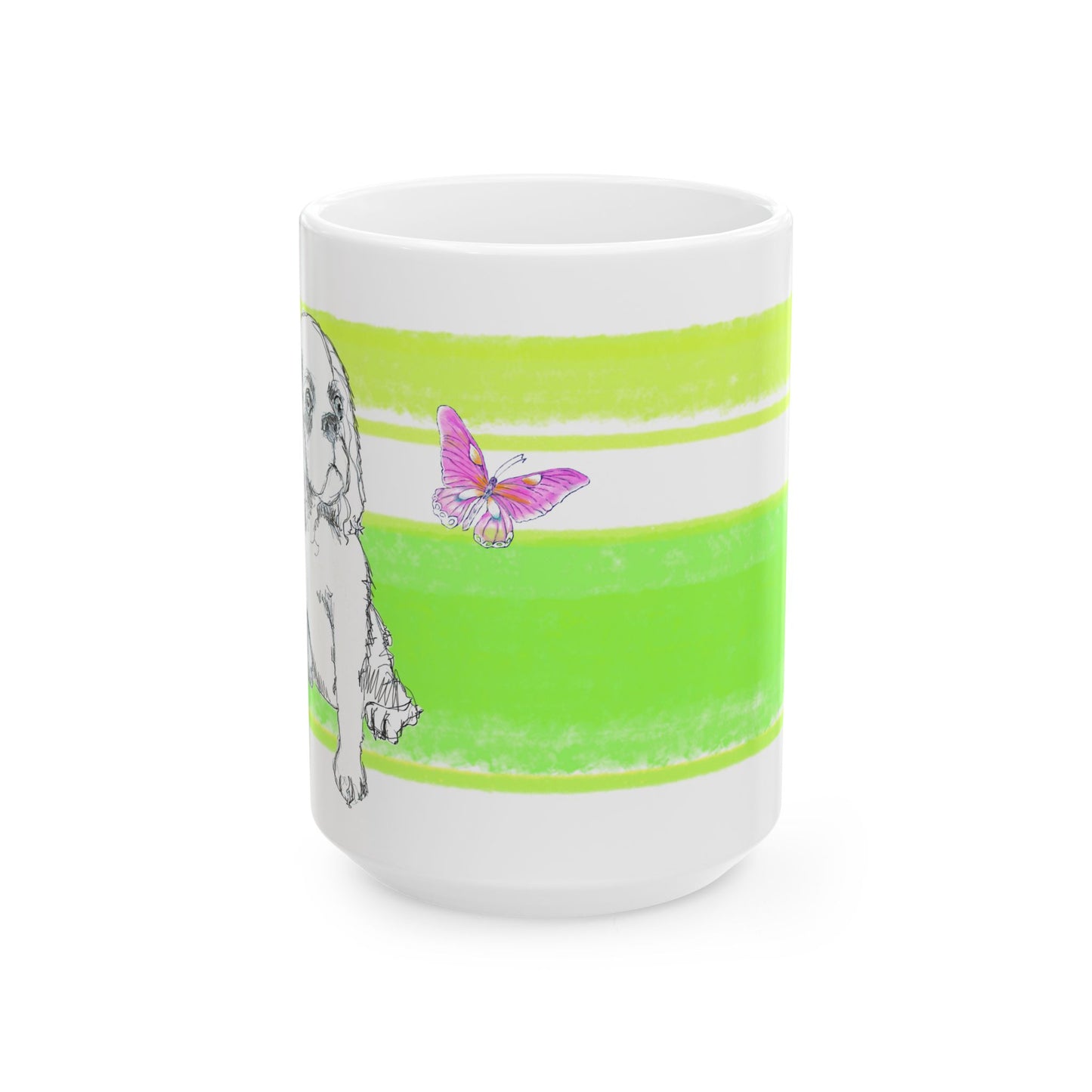 Mega Stripe Dogi Butterfly Flutter Ceramic Mug, (11oz, 15oz) Yellow Green Cocker Spaniel