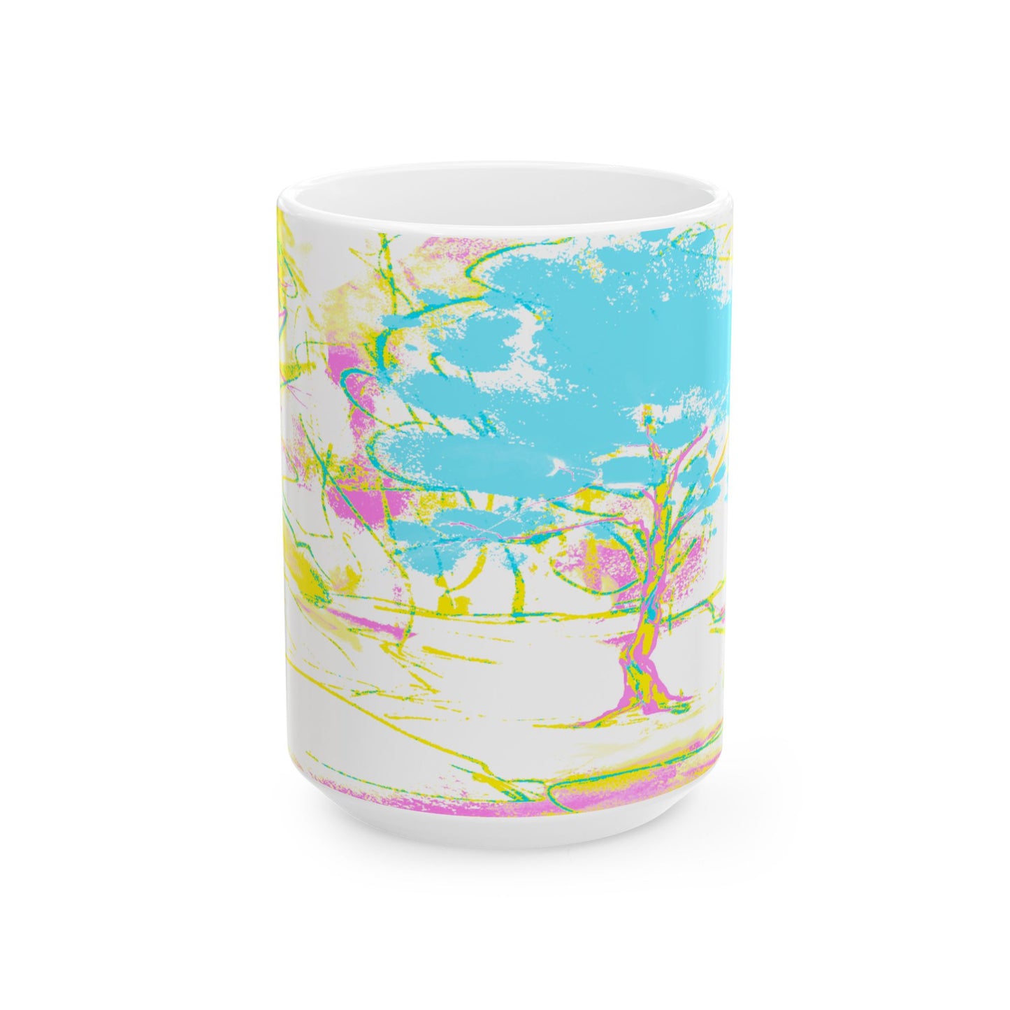 Joyful Landscapes Ceramic Mug in Yellow and Aqua, 11oz, 15oz