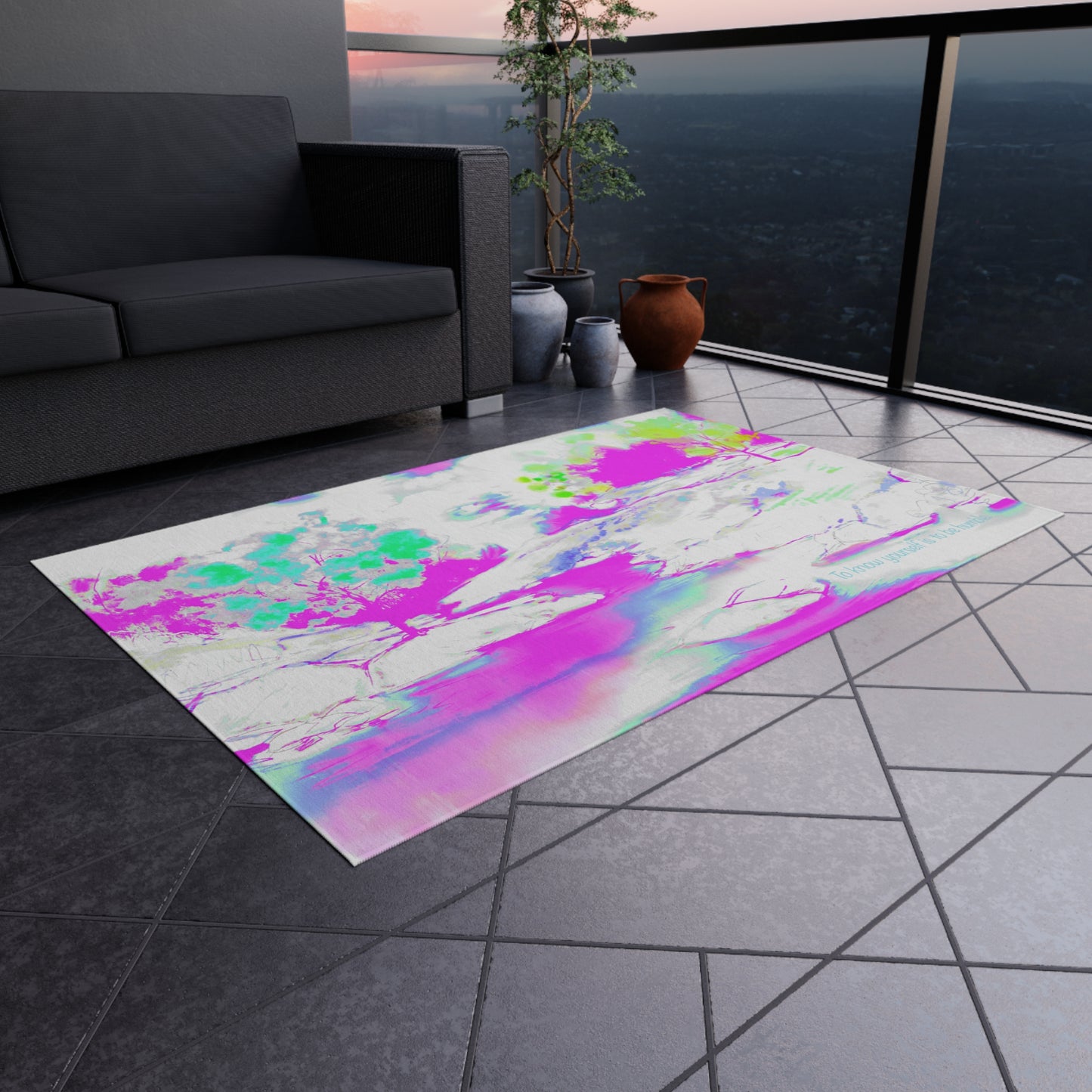 Inspirational Landscapes Indoor/Outdoor Area Rug "To know yourself is to be humble", Green, Aqua, and Lilac
