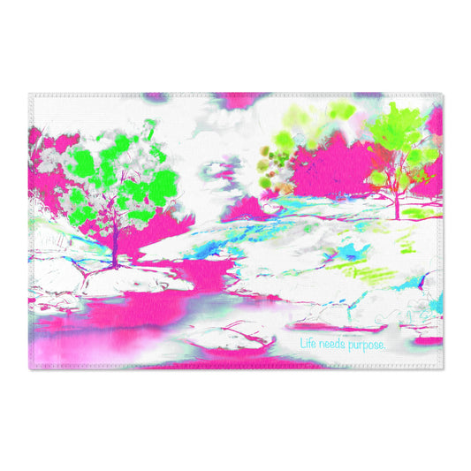 Inspirational Landscapes Indoor Area Rug,  "Life needs Purpose" , Raspberry and Green