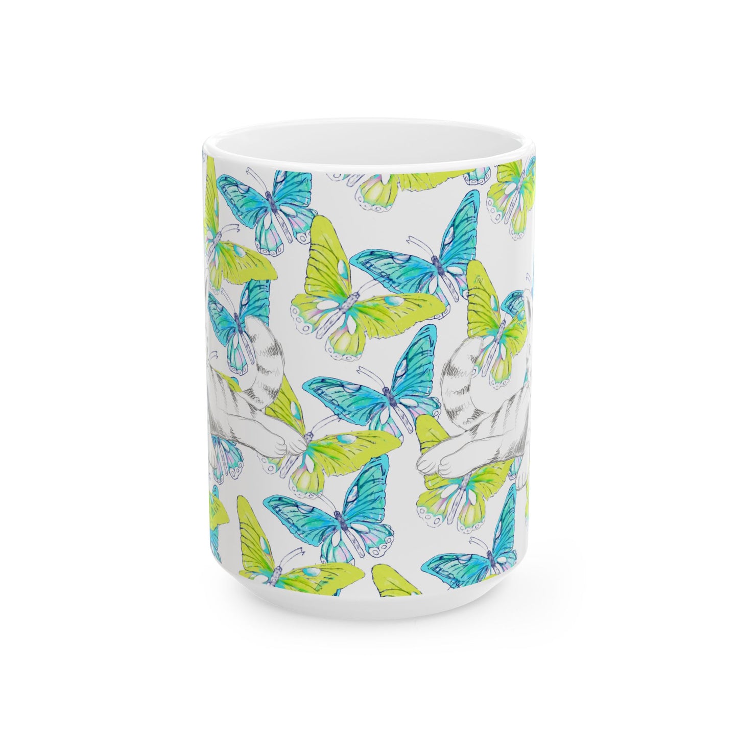 Kitty Flutter Ceramic Mug, Aqua/Lime, (11oz, 15oz)
