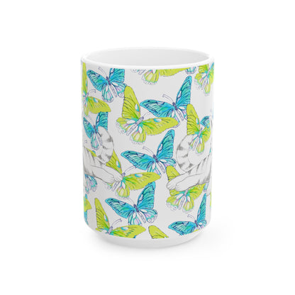 Kitty Flutter Ceramic Mug, Aqua/Lime, (11oz, 15oz)