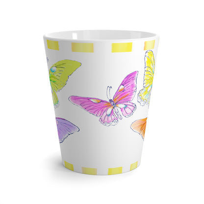 Butterfly Swing  Latte Mug  Aqua, Pink, Lilac. Orange, Yellow Butterflies, Yellow Stripe