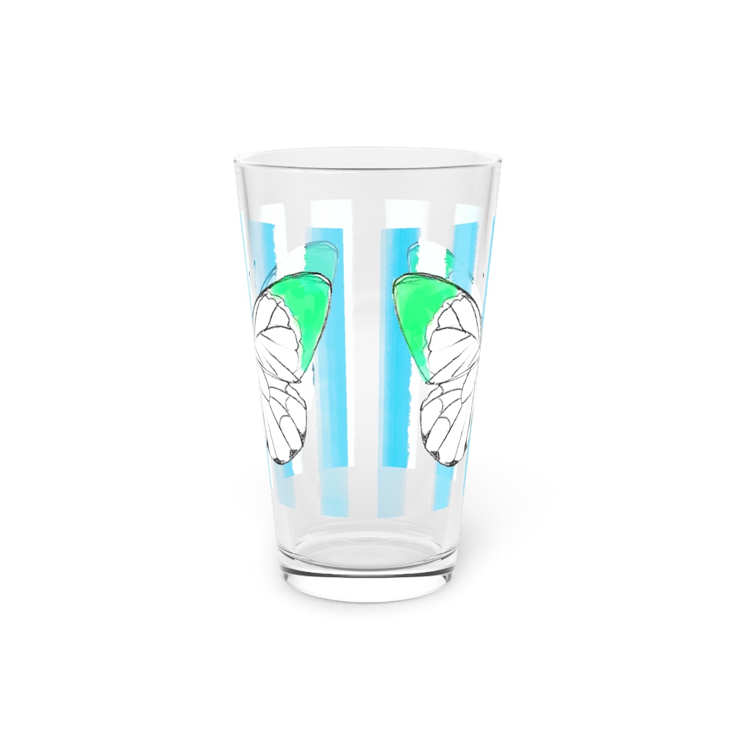 Butterfly Chroma Pint Glass in Green with Bright Blue Stripes, 16oz