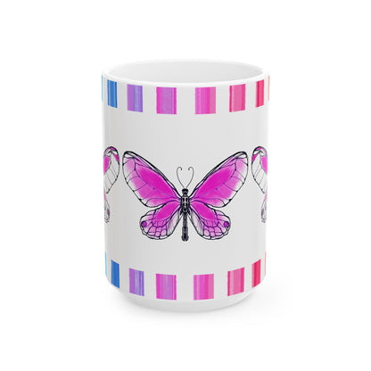 Mugs Butterfly Rainbow Stripe Ceramic Mug in Raspberry Pink