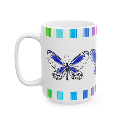 Butterfly Rainbow Stripe Ceramic Mug in Royal Blue with Multi-color Striped Border, (Available in 2 sizes 11oz and 15oz)