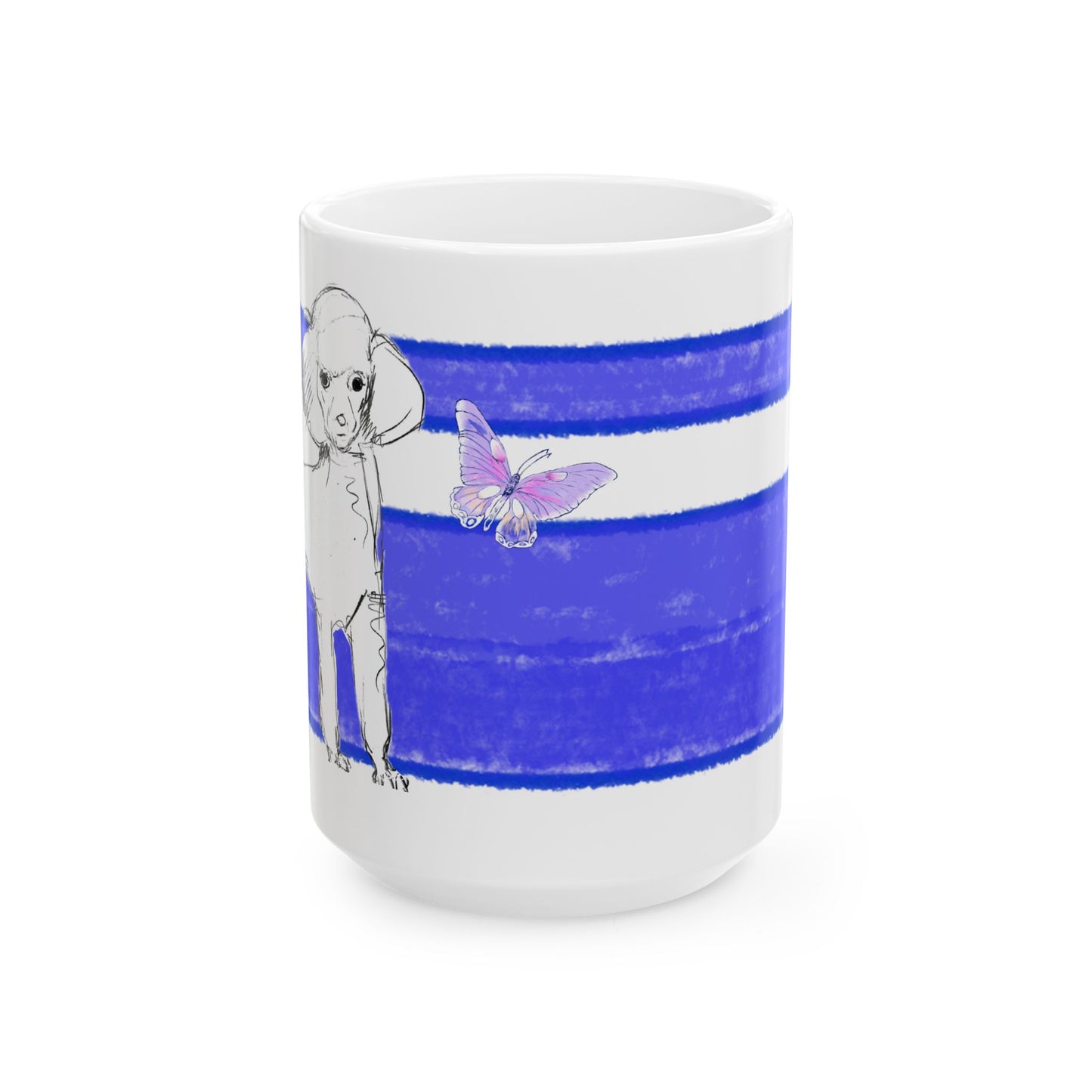 Mega Stripe Dogi Butterfly Flutter Ceramic Mug, (11oz, 15oz), Ultramarine Poodle