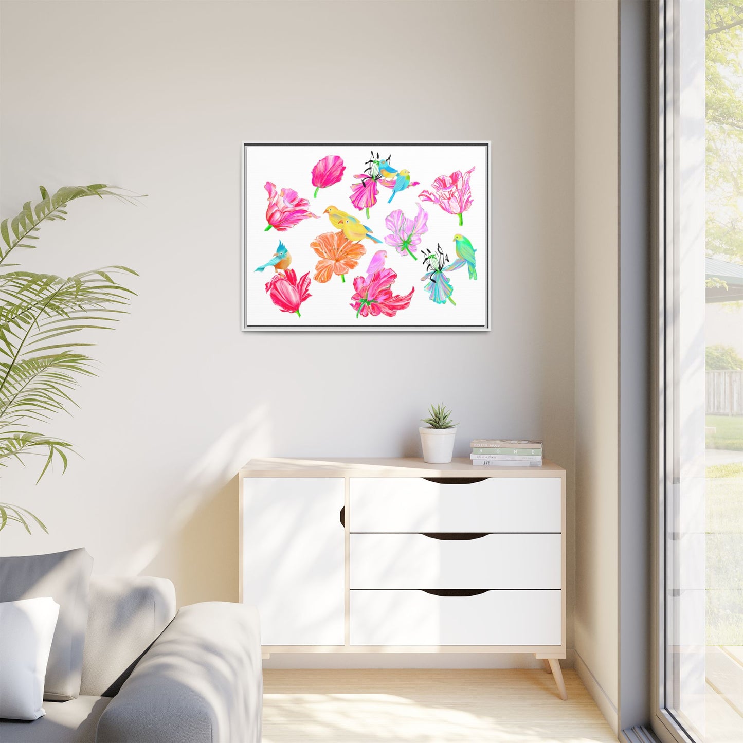 Vibrant Tulips Matte Canvas, Frame with birds
