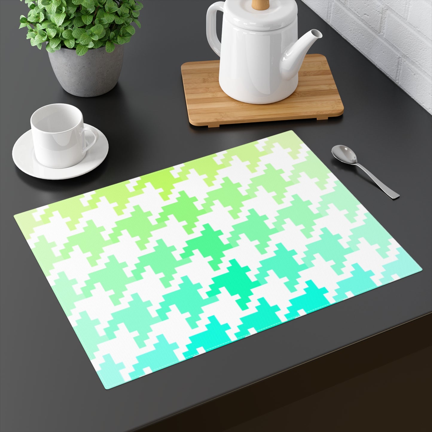 Houndstooth Fun in Green and Aqua- Cotton Twill Placemat, Creamy White Fabric Background