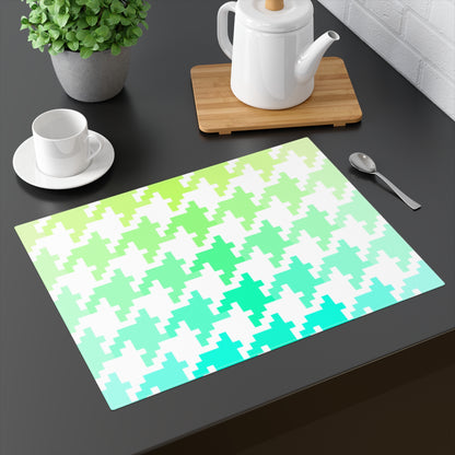 Houndstooth Fun in Green and Aqua- Cotton Twill Placemat, Creamy White Fabric Background