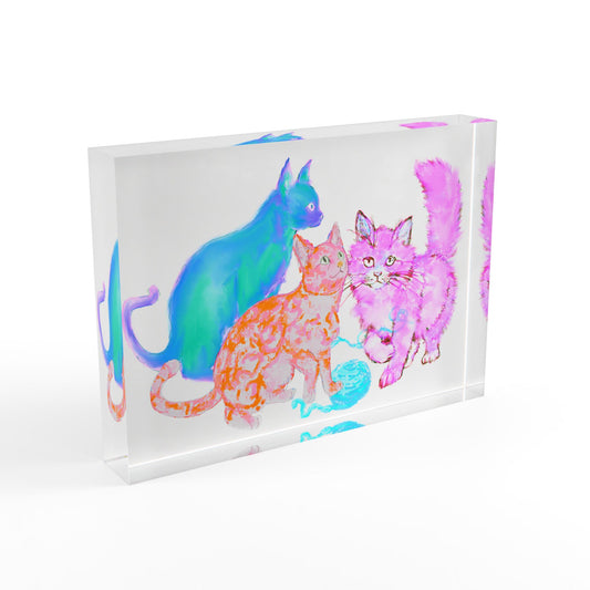 Colorful Cats & Dogs Acrylic Art Block Blue Orange Pink