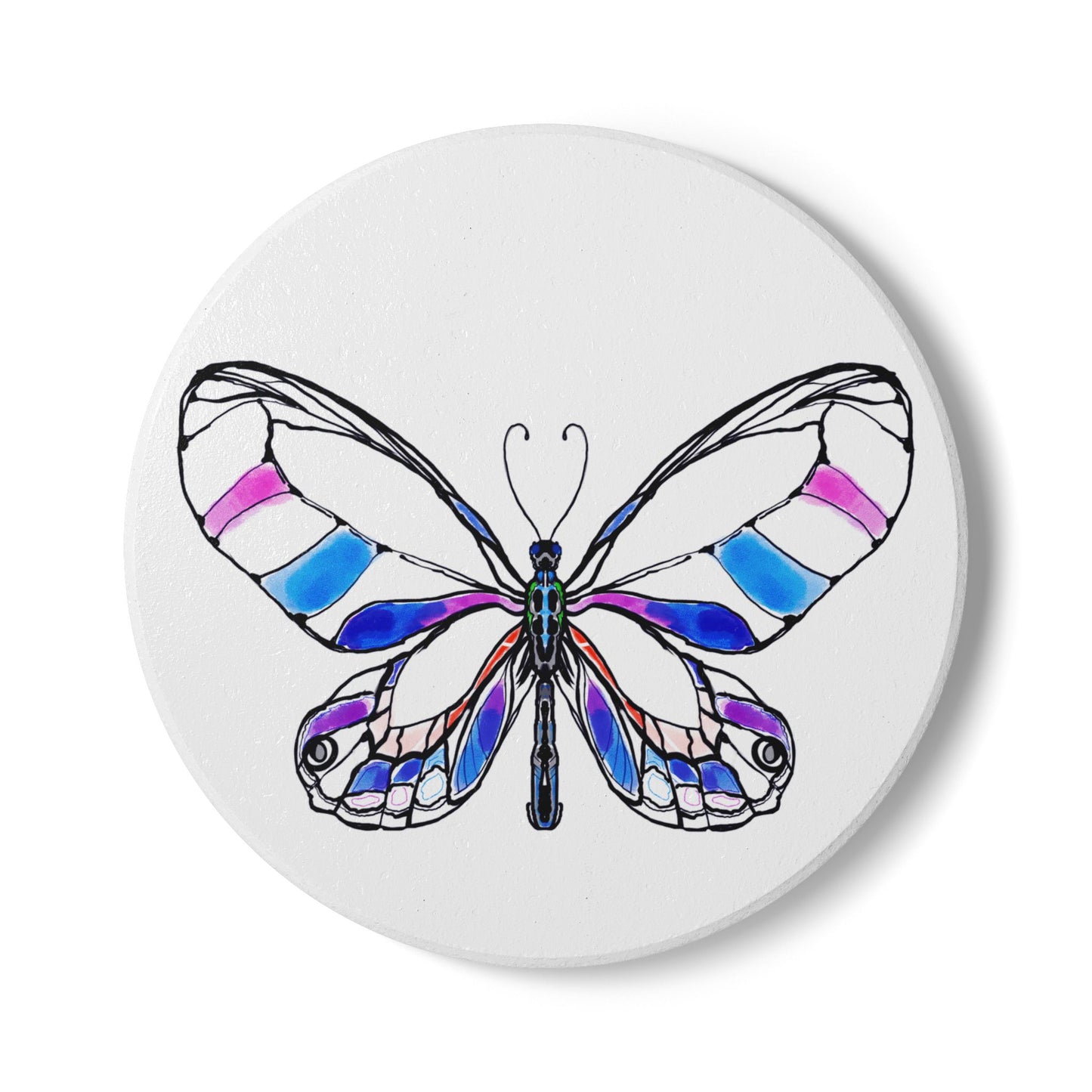 Butterfly Blossom Romp Ceramic Coaster, Multi Color, Blue and Pink