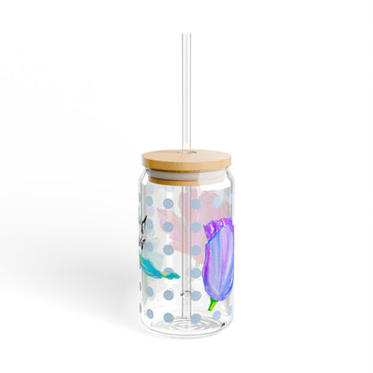 Vibrant Tulips Sipper Glass, 16oz, Raspberry, Aqua . Purple