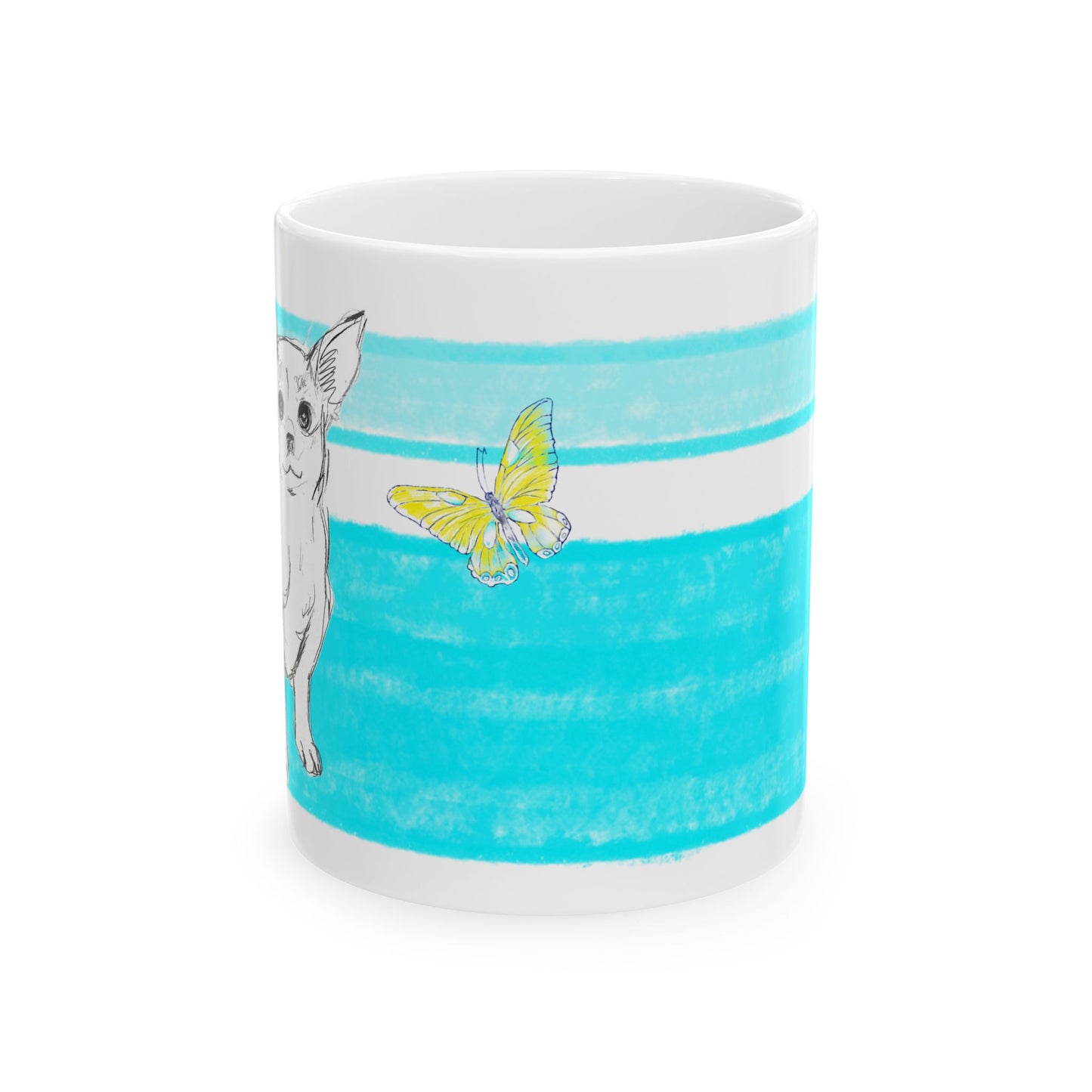 Mega Stripe Dogi Butterfly Flutter Ceramic Mug, (11oz, 15oz), Aqua Teri