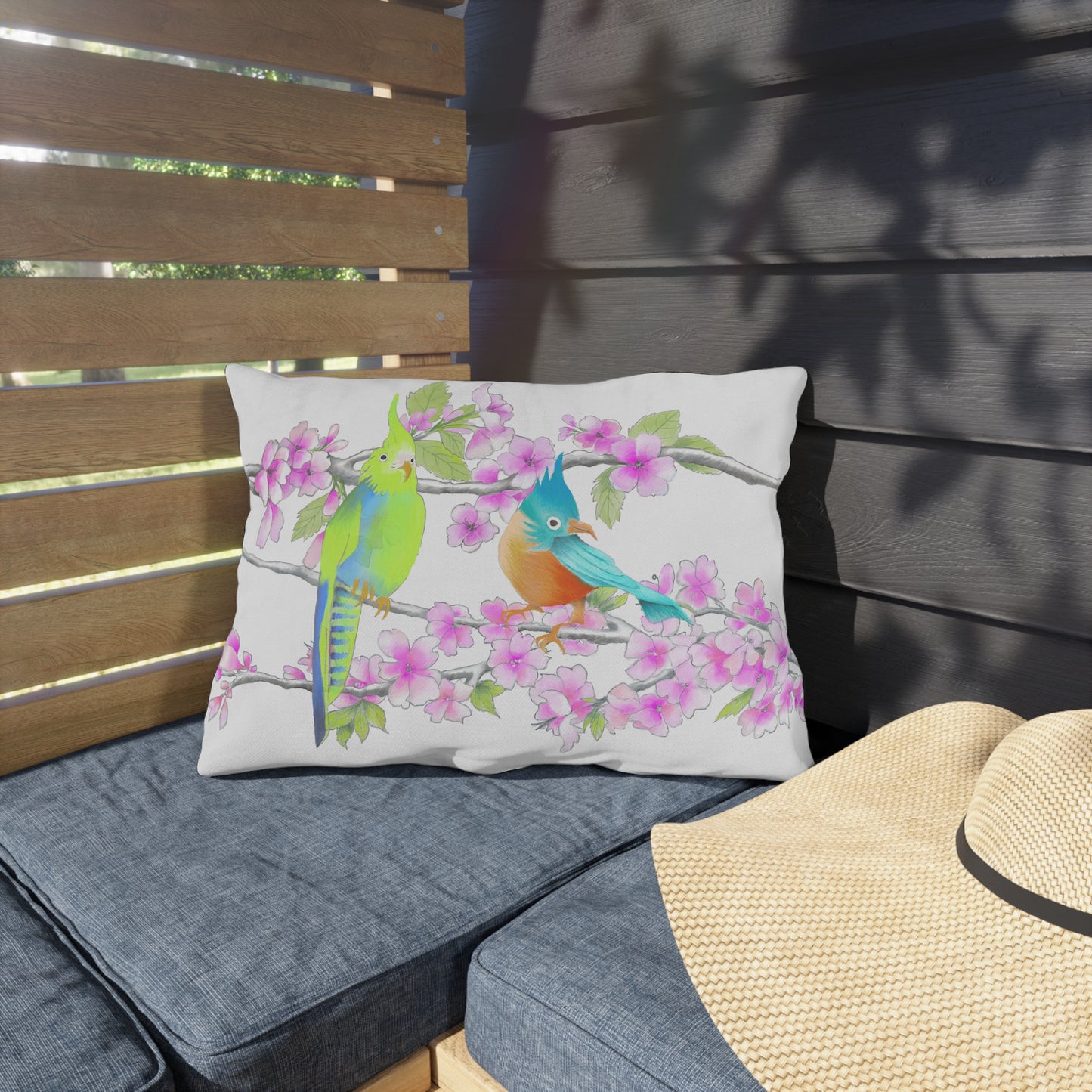 Outdoor Pillows Lumbar Birdies and Cherry Blossoms