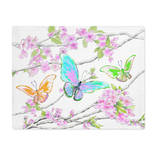 Butterfly Blossom Whirl Cotton Placemat, 1pc Blue , Background Fabric Creamier White,#7