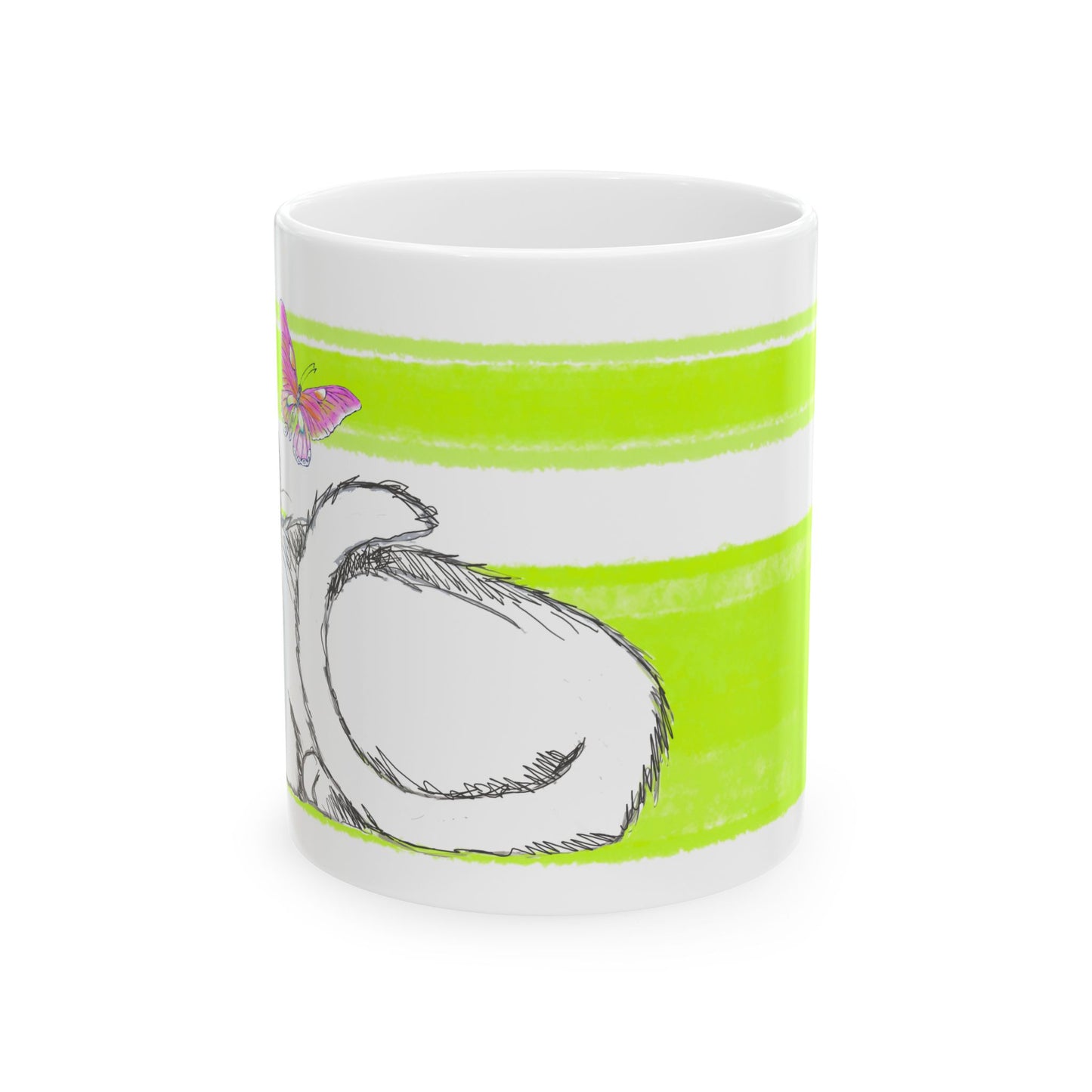 Mega Stripe Kitty Butterfly Flutter Ceramic Mug Lime