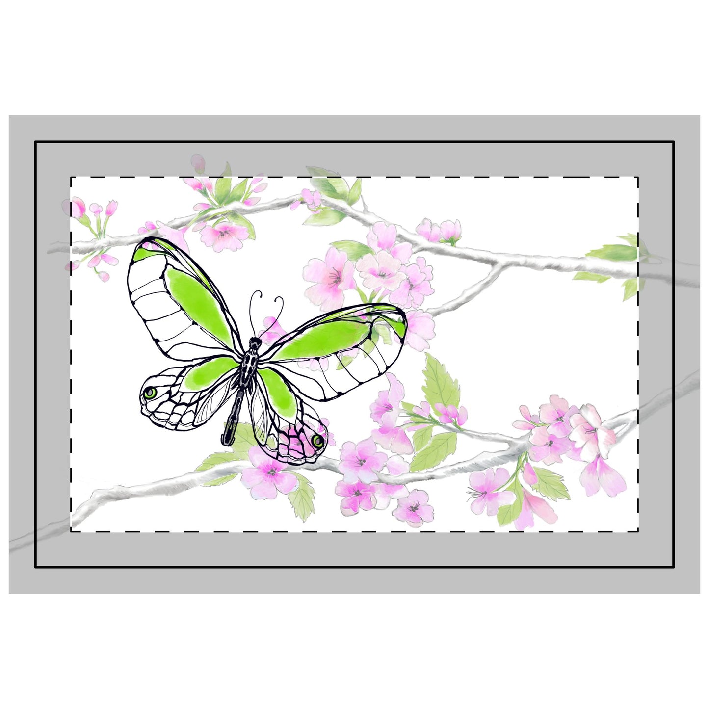 Butterfly Blossom Romp Quilted Placemat, Polyester, Green, Fabric Background Bright White, # 7 Left side of table
