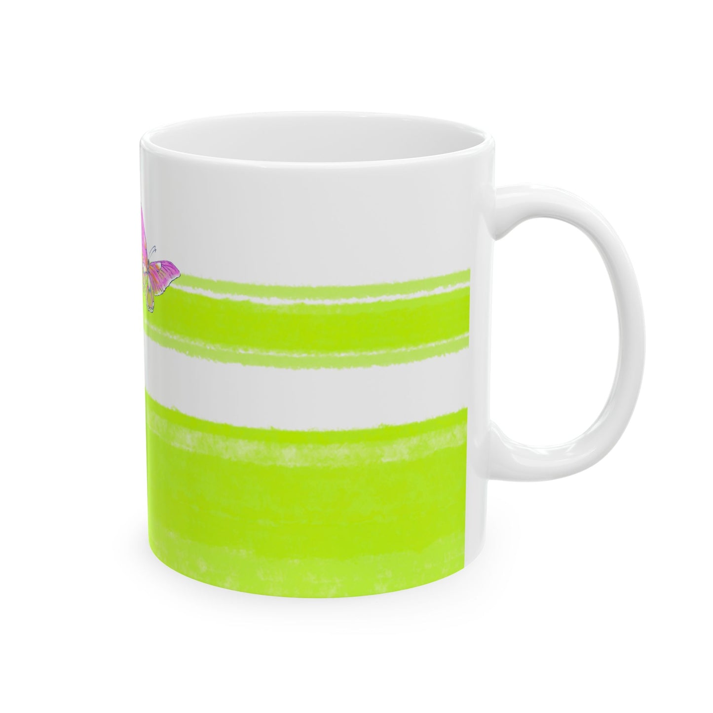Mega Stripe Kitty Butterfly Flutter Ceramic Mug Lime