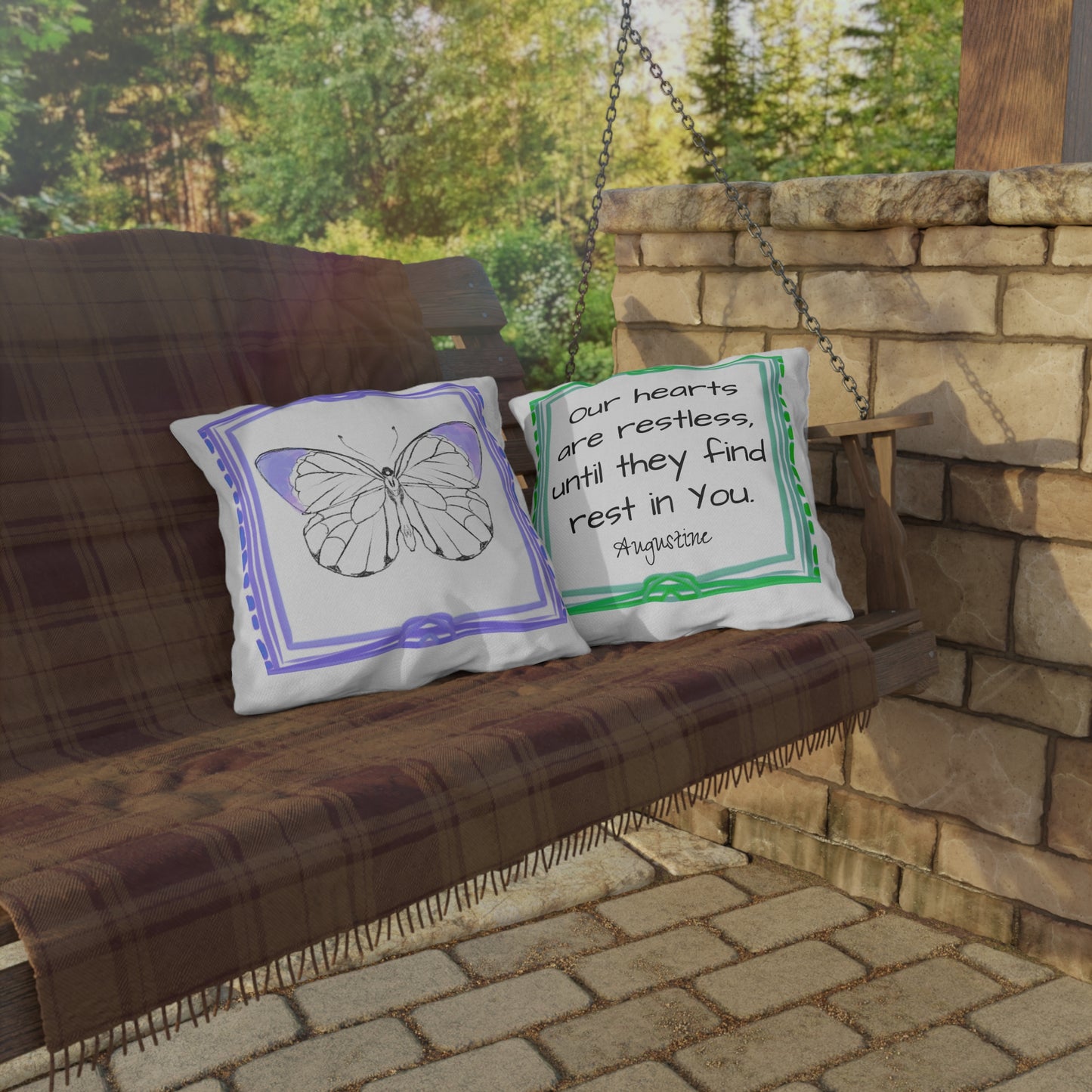 Chroma Outdoor Pillow Lilac "Our hearts are restless..."