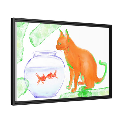 Colorful Cat and Fish Bowl Matte Canvas Framed white