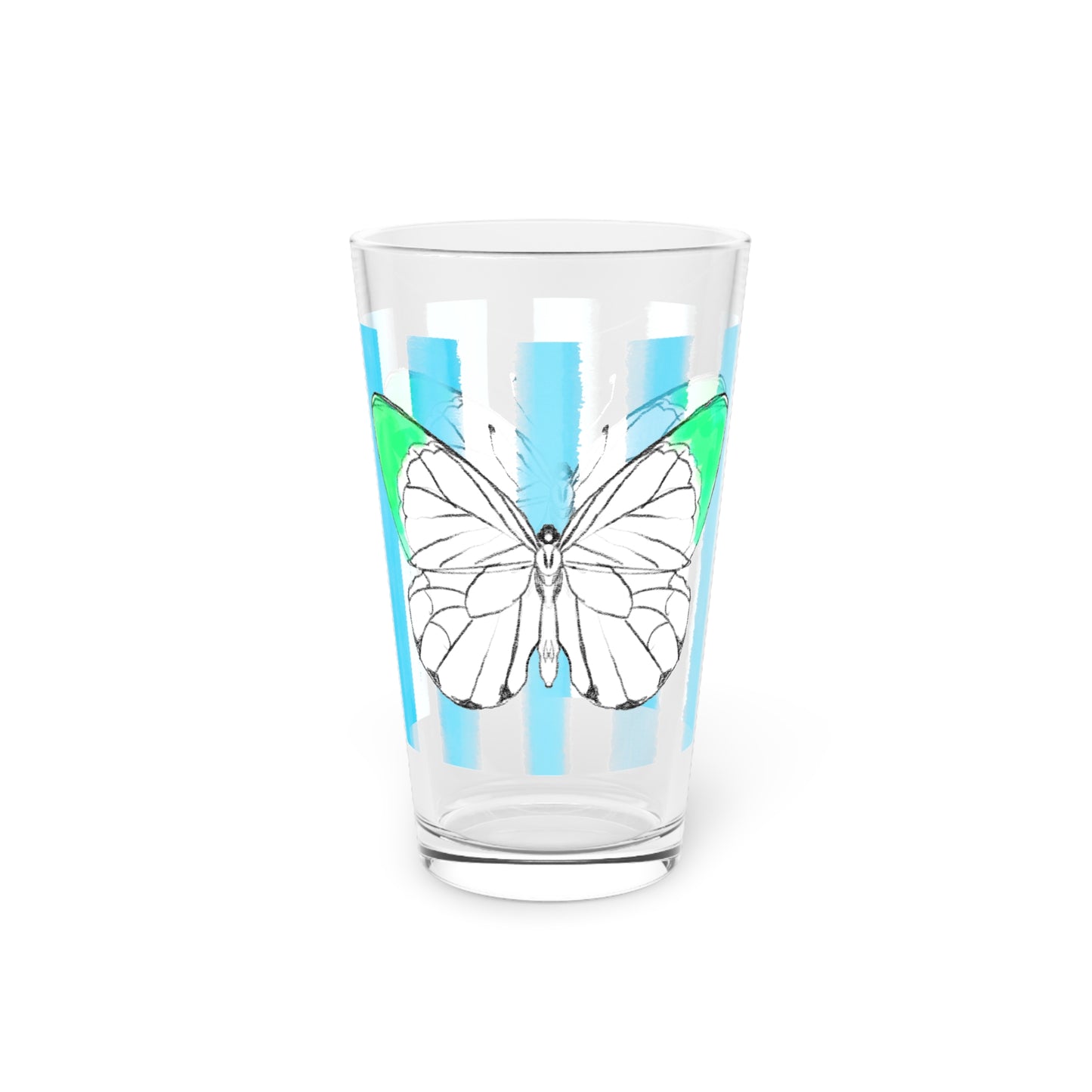 Butterfly Chroma Pint Glass in Green with Bright Blue Stripes, 16oz