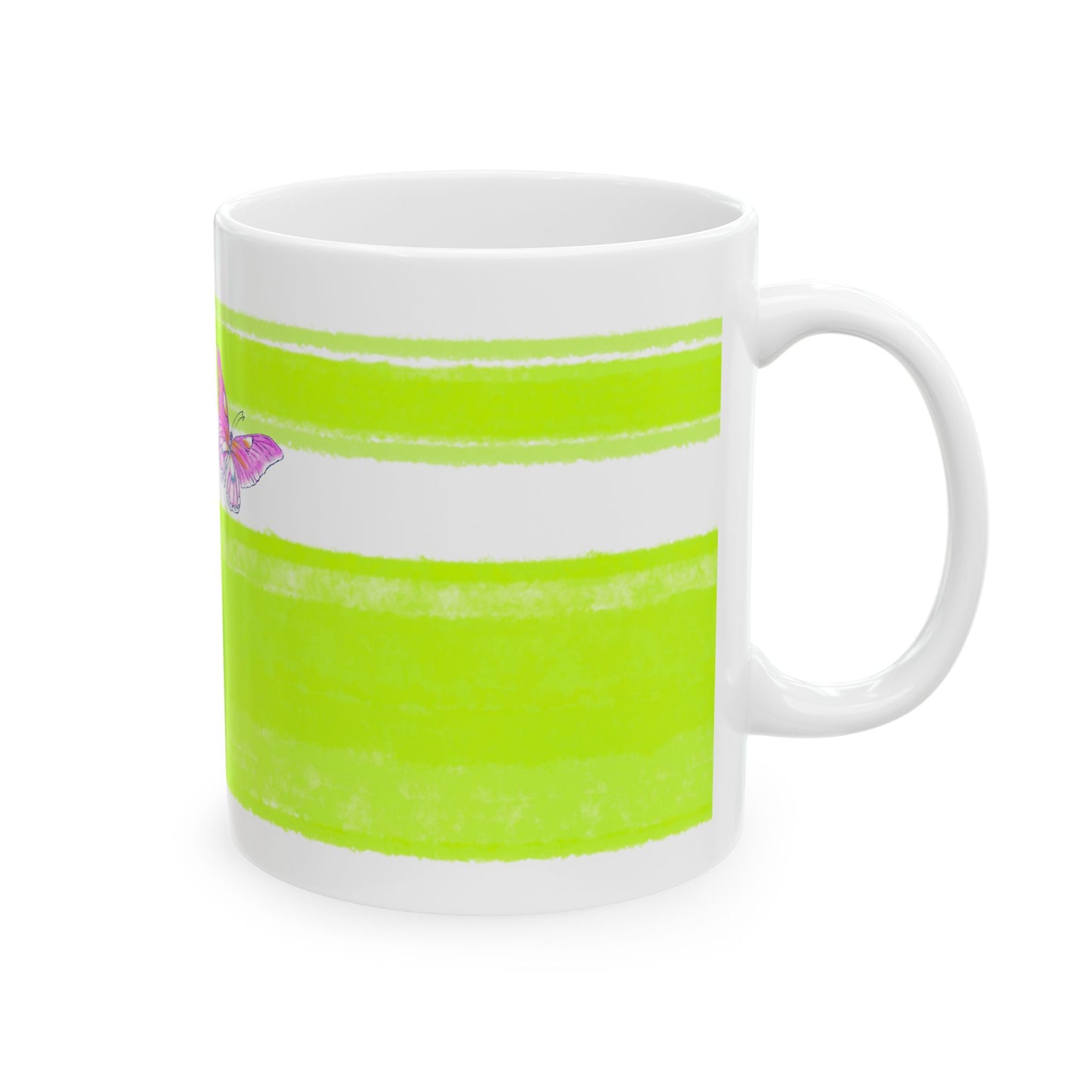 Mega Stripe Dogi Butterfly Flutter Ceramic Mug, (11oz), Lime Dachshund