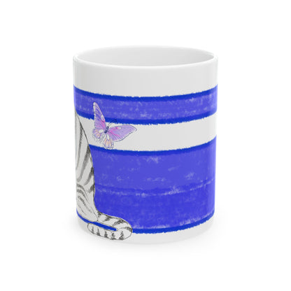 Mega Stripe Kitty Butterfly Flutter Ceramic Mug Ultramarine