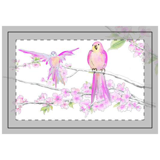 Blossoms & Birds in Pink ,Poly Quilted Placemat, Poly , Background Bright White, # 8, Left Side of Table