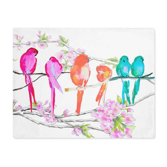 Blossoms & Birds In Pink, Orange, Aqua Placemat, 1pc (18" × 14") cotton (Creamy White)